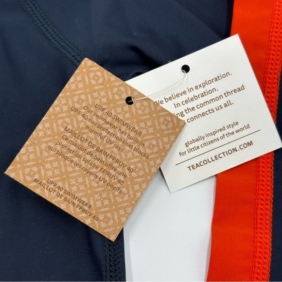 NWT Tea Collection Boys Kids Swim Rash Guard Shirt - Navy & Red Orange Size 2 - Picture 7 of 7